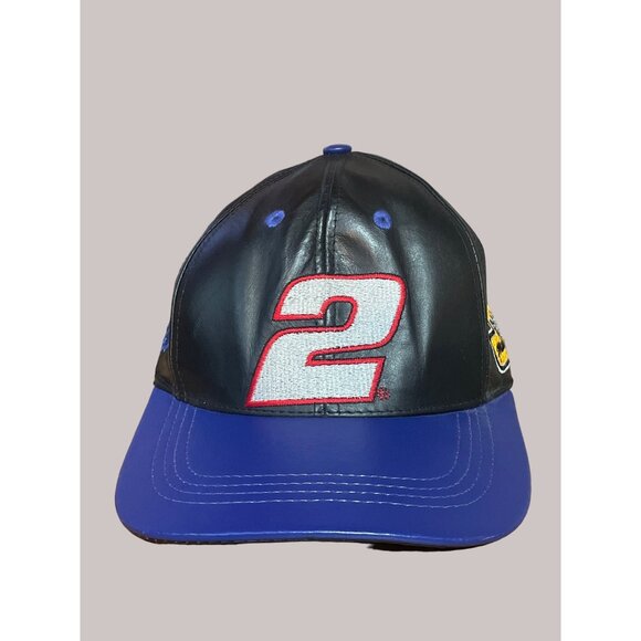Rusty Wallace 2  Miller Lite Racing Leather Hat Adjustable Mens Cap Black Blue - Picture 1 of 6